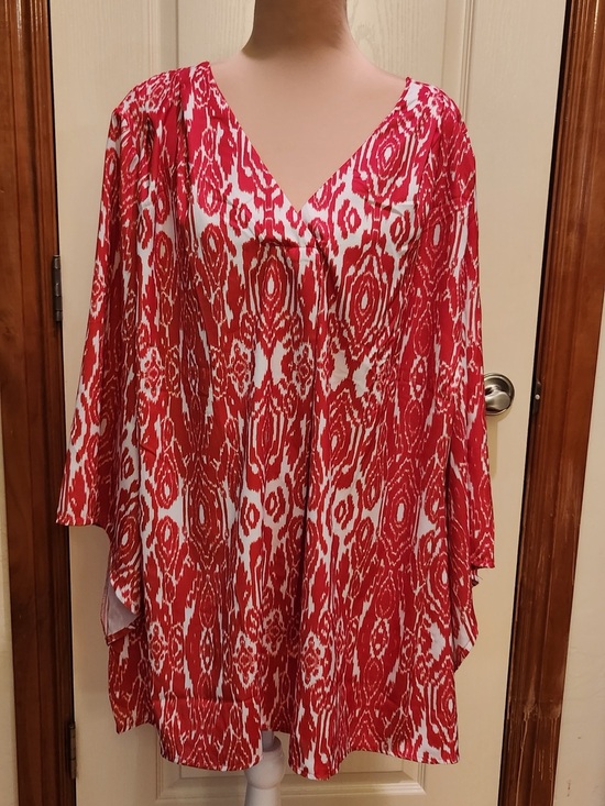 Catherines Other - Catherines Bold Red and White Ikat Diamond Pattern Tunic Flowy Sleeves 26/28W 3X